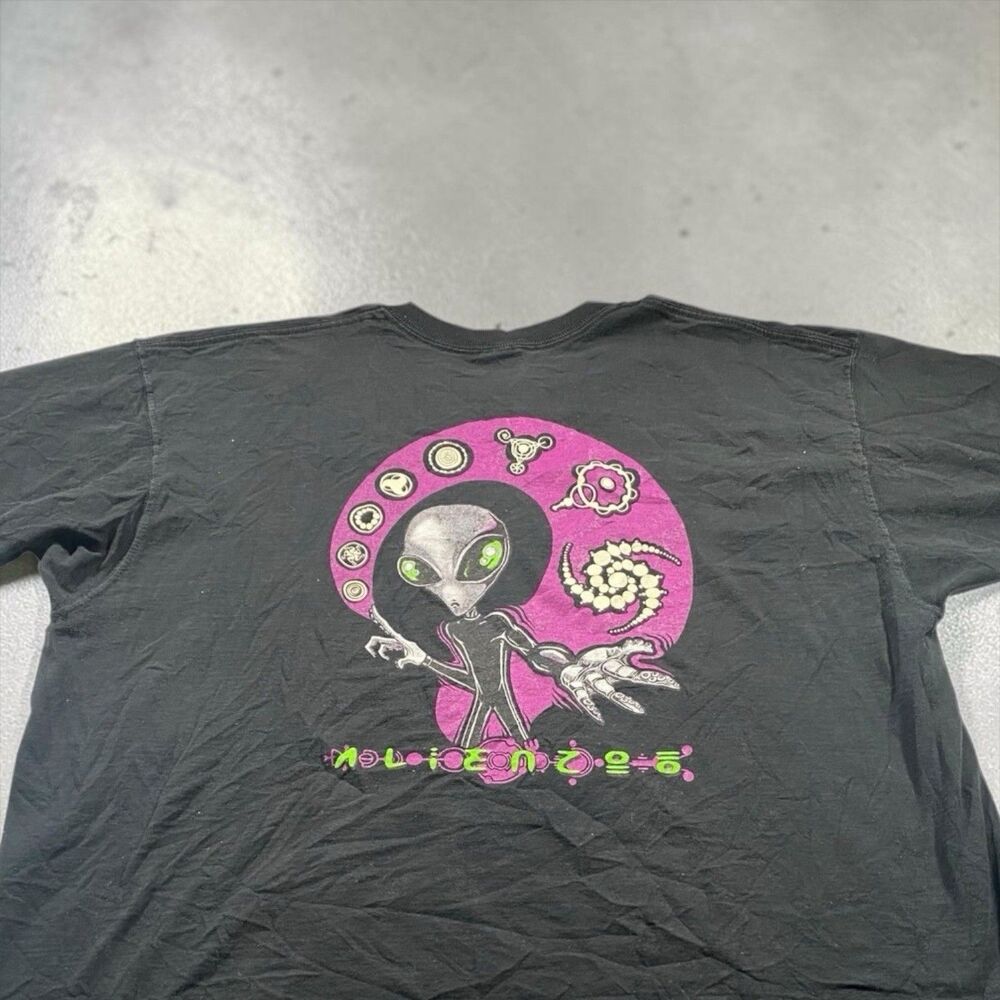 Vtg 90s Alien Graphic Tee Shirt XXL Fruit of the Loom Lofteez Japan Sleeve Black